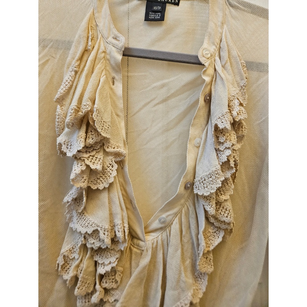 Ralph Lauren Women Cream Mesh Ruffle Crochet Lace Trim Long Sleeve Top XS